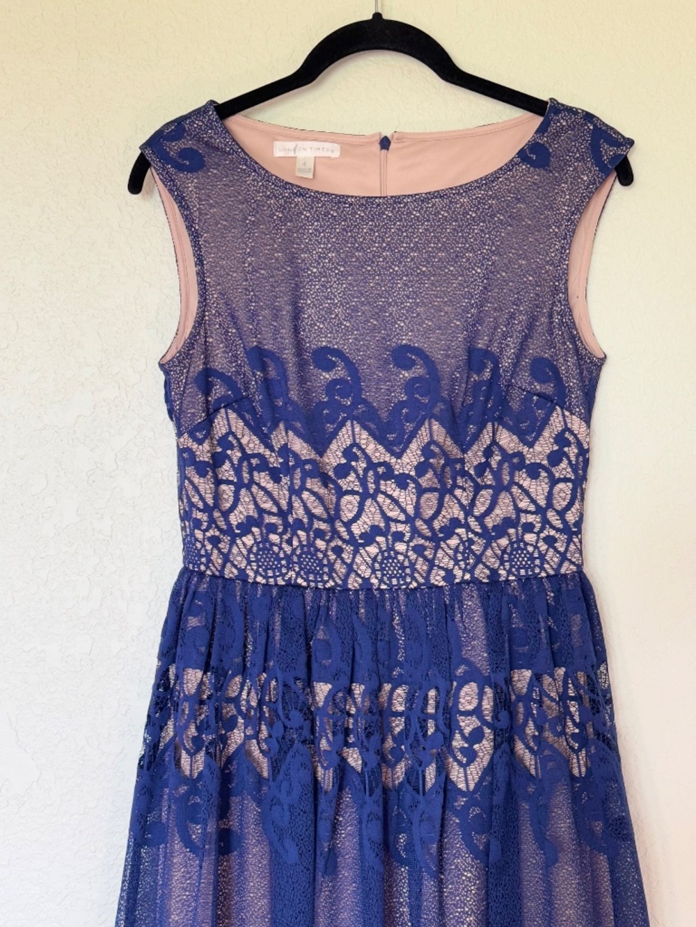 London Times Dress 4 Fit and Flare Lace Illusion Royal Blue Romantic Date Night